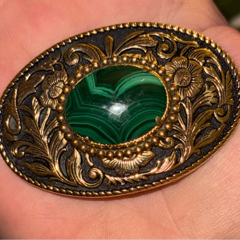 Vintage Gold and Black Western Ornate Belt Buckle With Malachite Center